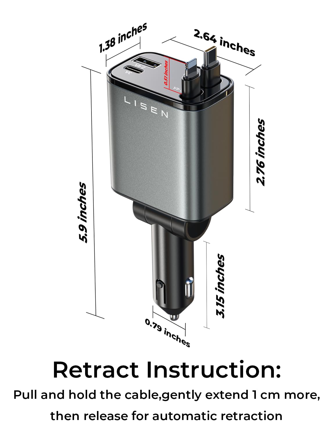 LISEN Retractable Car Charger, 69W USB C Car Accessories Adapter for iPhone 16 USBC Charger Fast Charging, Mothers Day for Gifts, Travel Essentials for Women Men, Road Trip Essentials for iPhone 16 15