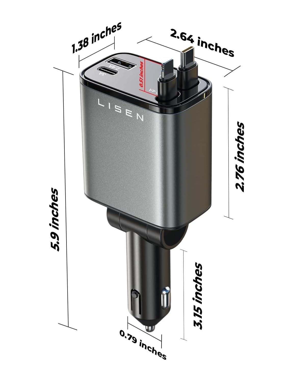 LISEN Retractable Car Charger, 69W USB C Car Accessories Adapter for iPhone 16 USBC Charger Fast Charging, Mothers Day for Gifts, Travel Essentials for Women Men, Road Trip Essentials for iPhone 16 15